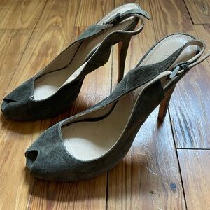 Gorgeous Italian-made, olive suede 6 inch heels with peep toe lightly worn- 36.5